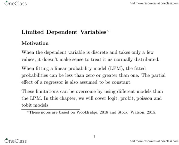 ECON323 Lecture Notes - Lecture 1: Latent Variable Model, Logistic Regression, Probit thumbnail