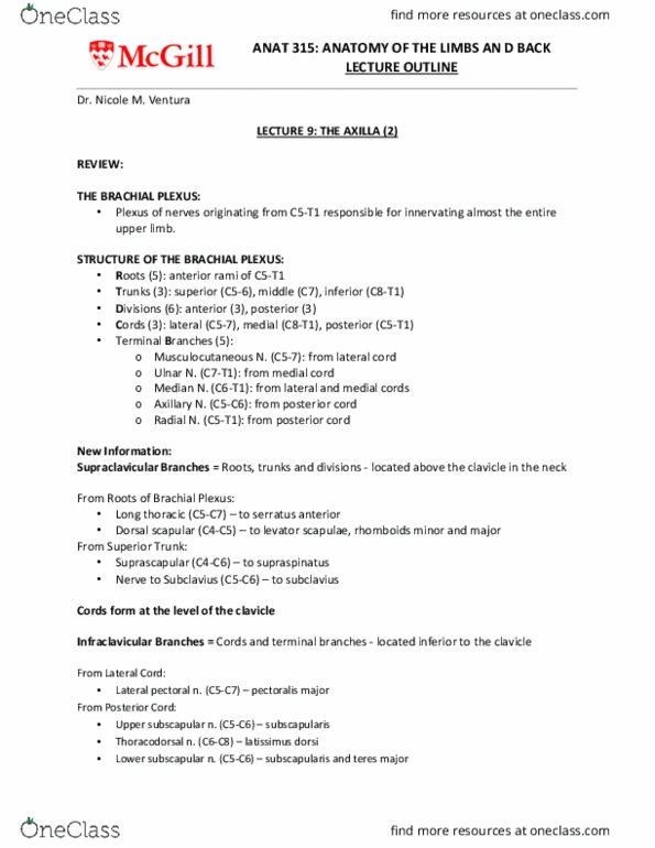 ANAT 315 Lecture Notes - Lecture 9: Brachial Plexus, Latissimus Dorsi Muscle, Levator Scapulae Muscle thumbnail