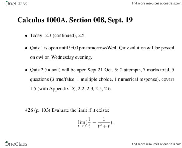 Calculus 1000A/B Lecture Notes - Lecture 6: Indeterminate Form, Thx, Ath thumbnail