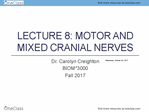 BIOM 3000 Lecture Notes - Lecture 8: Spinal Trigeminal Nucleus, Cranial Nerve Nucleus, Facial Motor Nucleus thumbnail