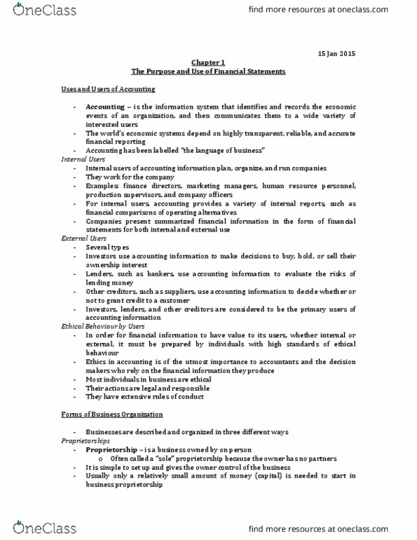 ACCT 2220 Chapter Notes - Chapter 1: Sole Proprietorship, Financial Statement, Accounts Receivable thumbnail