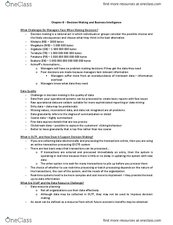 MCS 2020 Chapter Notes - Chapter 8: Decision Support System, Online Transaction Processing, Decision-Making thumbnail