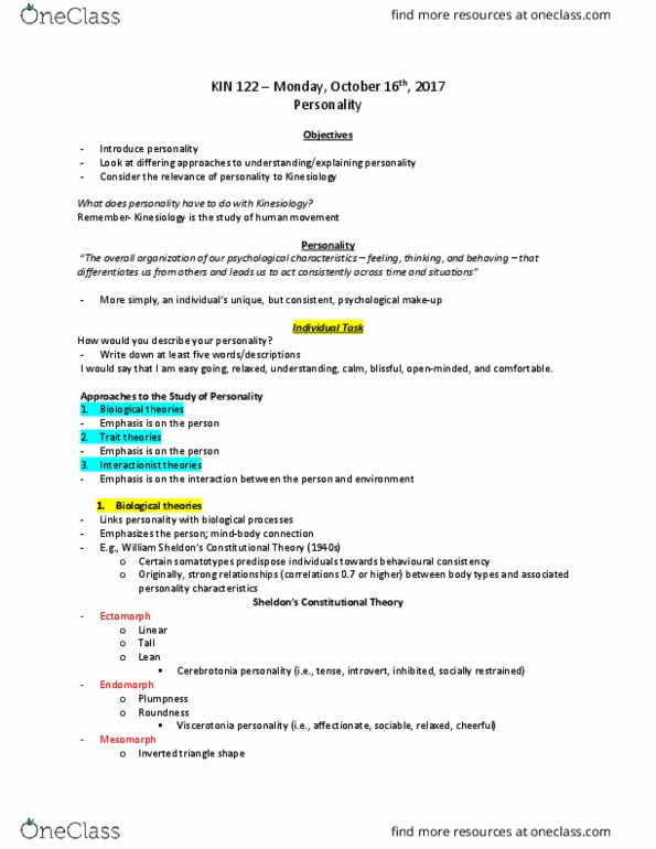 KIN 122 Lecture Notes - Lecture 15: Somatotype And Constitutional Psychology, Big Five Personality Traits, Extraversion And Introversion thumbnail