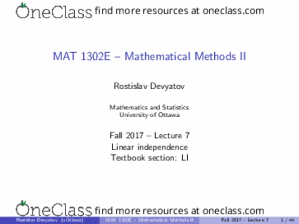 MAT 1302 Lecture Notes - Lecture 7: Linear Independence, Augmented Matrix, Linear Algebra thumbnail