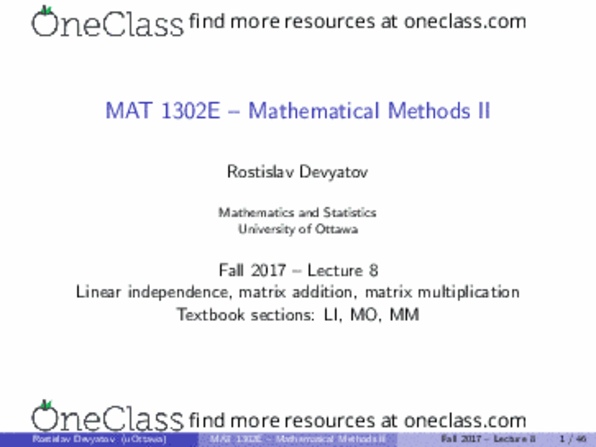 MAT 1302 Lecture Notes - Lecture 6: Linear Combination, Wicket-Keeper, Matrix Addition thumbnail