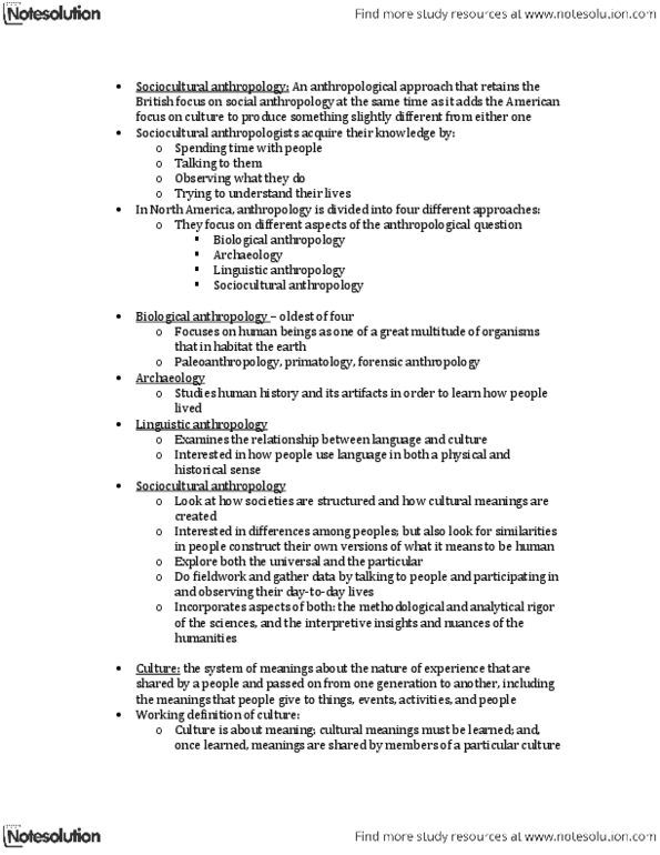 ANTA02H3 Chapter Notes - Chapter 1: Sociocultural Anthropology, Linguistic Anthropology, Forensic Anthropology thumbnail