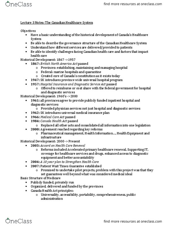 Health Sciences 3400A/B Lecture Notes - Lecture 3: Canada Health Act, Health Canada, Public Health thumbnail