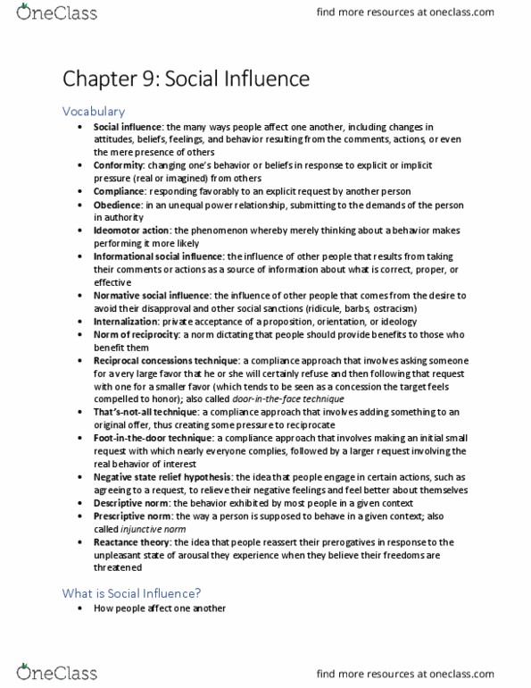 PSY 319K Chapter Notes - Chapter 9: Normative Social Influence, Social Proof, Social Influence thumbnail