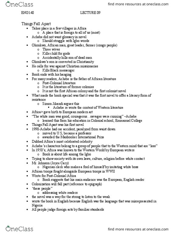 ENG140Y1 Lecture Notes - Lecture 9: Joyce Cary, Chinua Achebe, African Literature thumbnail