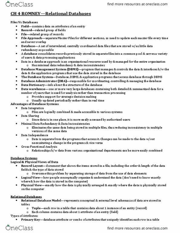 ACCT-3220 Lecture Notes - Lecture 4: Data Redundancy, Database Administrator, Database thumbnail