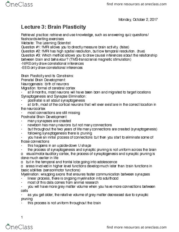 Psychology 3442F/G Lecture Notes - Lecture 3: Synaptic Pruning, Synaptic Plasticity, Neuroplasticity thumbnail