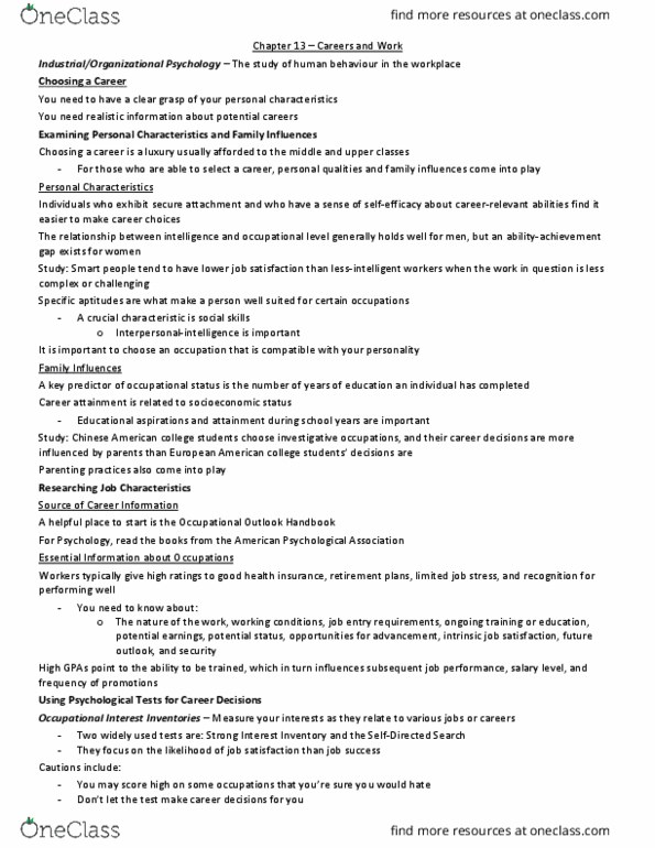 Psychology 2035A/B Chapter Notes - Chapter 13: Occupational Outlook Handbook, Strong Interest Inventory, Job Satisfaction thumbnail