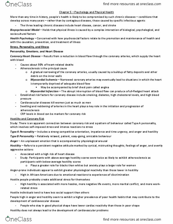 Psychology 2035A/B Chapter Notes - Chapter 5: Coronary Circulation, Coronary Artery Disease, Type A And Type B Personality Theory thumbnail