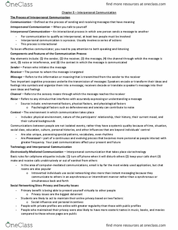 Psychology 2035A/B Chapter Notes - Chapter 8: Nonverbal Communication, Interpersonal Communication, Internet Privacy thumbnail