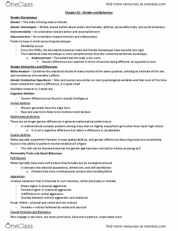 Psychology 2035A/B Chapter Notes - Chapter 11: Prenatal Hormones And Sexual Orientation, Female Reproductive System, Gender Role thumbnail