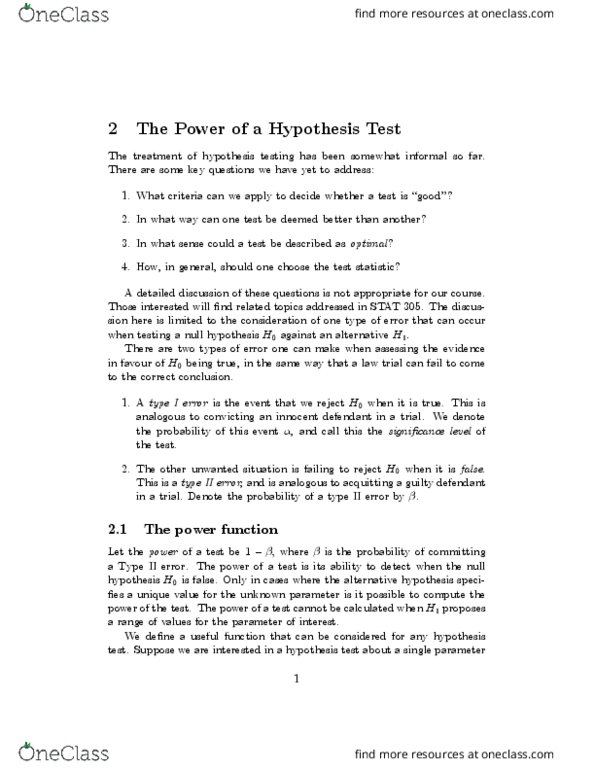 STAT 300 Lecture Notes - Lecture 6: Null Hypothesis, Type I And Type Ii Errors, Bernoulli Distribution thumbnail