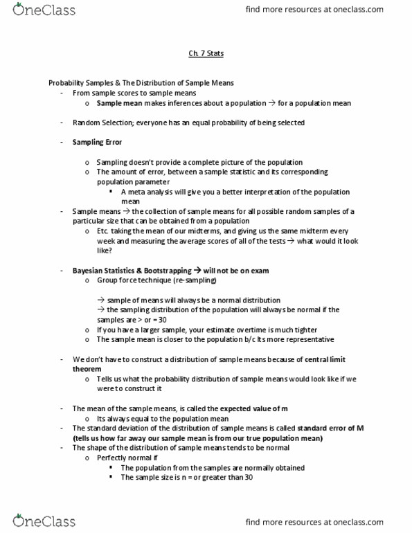 PSYC 2021 Lecture Notes - Lecture 7: Central Limit Theorem, Statistic, Sampling Distribution thumbnail