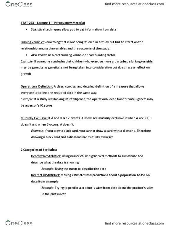 STAT 263 Lecture Notes - Lecture 1: Confounding, Operational Definition, Eye Color thumbnail