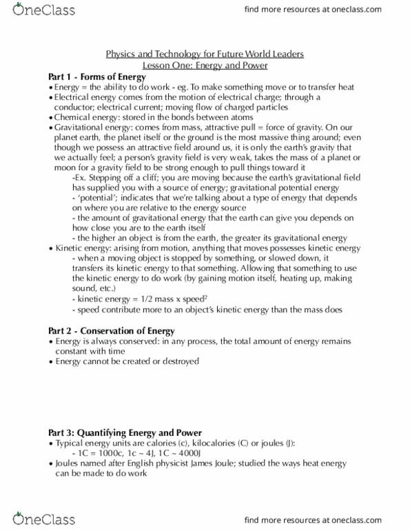 NATS 1945 Lecture Notes - Lecture 1: James Prescott Joule, Gravitational Energy, Kinetic Energy thumbnail