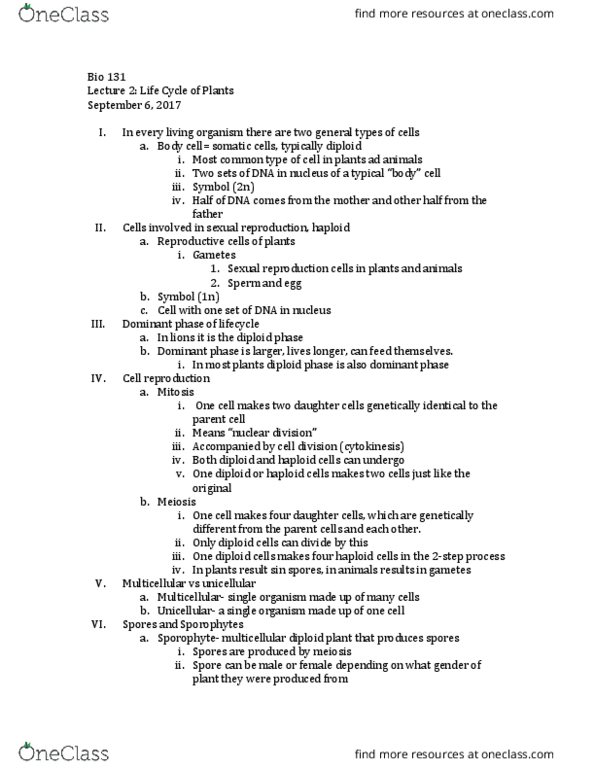 BIO 131 Lecture Notes - Lecture 2: Gametophyte, Multicellular Organism, Sporophyte thumbnail