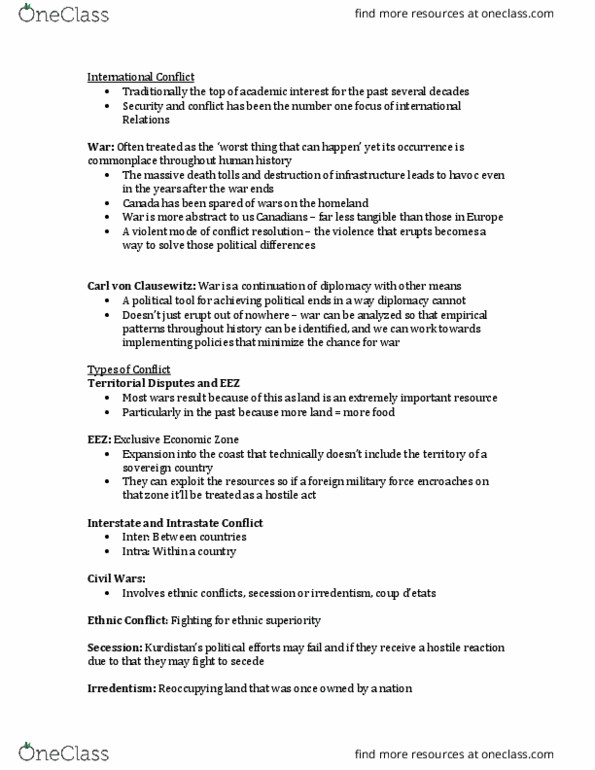 Political Science 2231E Lecture Notes - Lecture 3: Carl Von Clausewitz, Exclusive Economic Zone, Democratic Peace Theory thumbnail