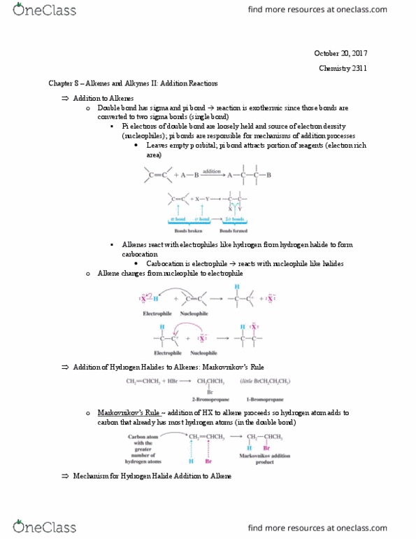 CHEM 2311 Lecture Notes - Lecture 17: Markovnikov'S Rule, Pi Bond, Alkene thumbnail
