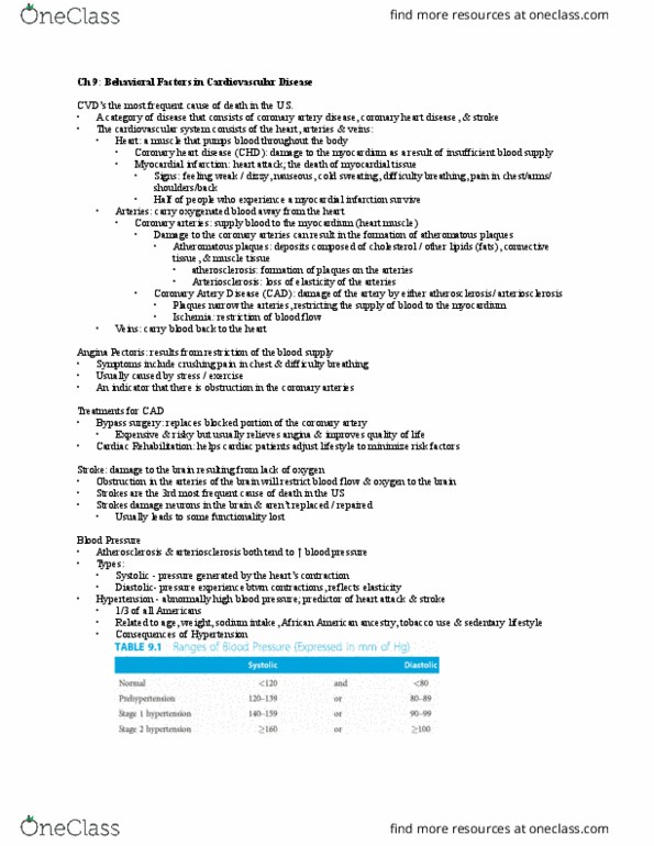 PSY 325 Lecture Notes - Lecture 9: Atheroma, Coronary Artery Disease, Angina Pectoris thumbnail