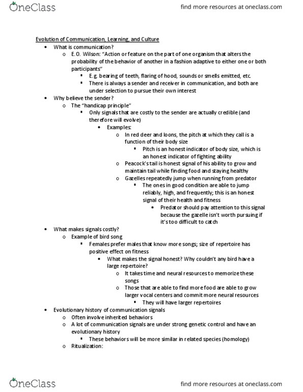 NBB 201 Lecture Notes - Lecture 12: Signalling Theory, Bird Vocalization, Cultural Evolution thumbnail