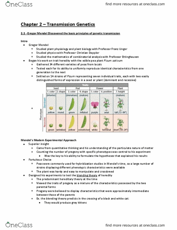 BIOLOGY 2C03 Chapter Notes - Chapter 2: Gregor Mendel, Franz Unger, Pisum thumbnail