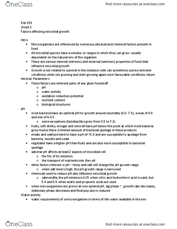 ENH 333 Lecture Notes - Lecture 3: Propionic Acid, Water Activity, Lactobacillus thumbnail