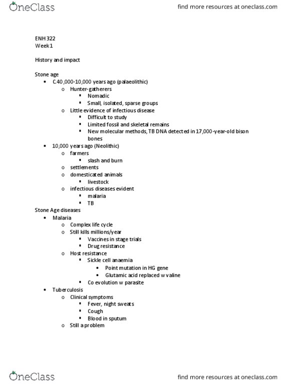 ENH 322 Lecture Notes - Lecture 1: Sickle-Cell Disease, Night Sweats, Stone Age thumbnail