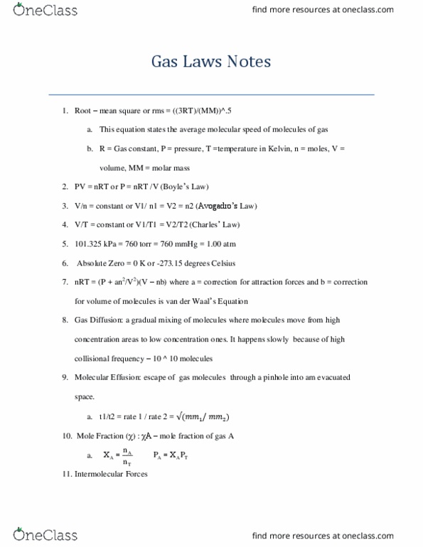 CHE-1102 Lecture Notes - Lecture 4: Gas Constant, Molar Mass, Effusion thumbnail