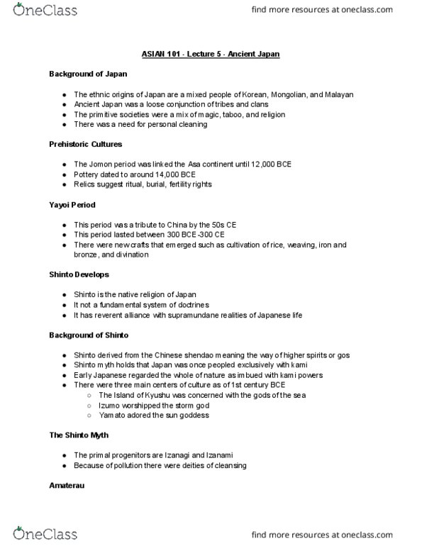 ASIAN 101 Lecture Notes - Lecture 5: History Of Japan, Yayoi Period, Jōmon Period thumbnail