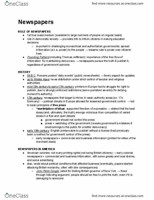 COMM ST 10 Chapter Notes - Chapter N/A: John Peter Zenger, The Wall Street Journal, Seditious Libel thumbnail
