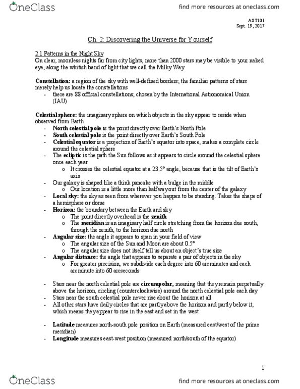 AST101H1 Chapter Notes - Chapter 2: International Astronomical Union, Celestial Equator, March Equinox thumbnail