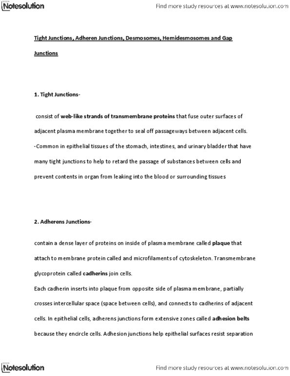 BIOL 1215 Lecture Notes - Adherens Junction, Tight Junction, Cadherin thumbnail