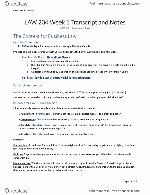 LAW 204 Lecture Notes - Lecture 1: Regulatory Law, Canadian Business, North American Free Trade Agreement thumbnail