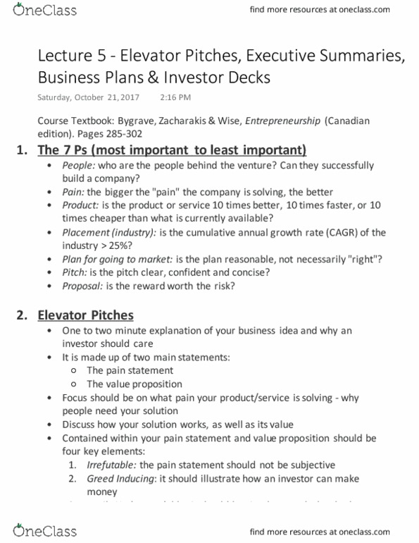 ENT 526 Lecture Notes - Lecture 5: Elevator Pitch, Compound Annual Growth Rate, Competitive Advantage thumbnail