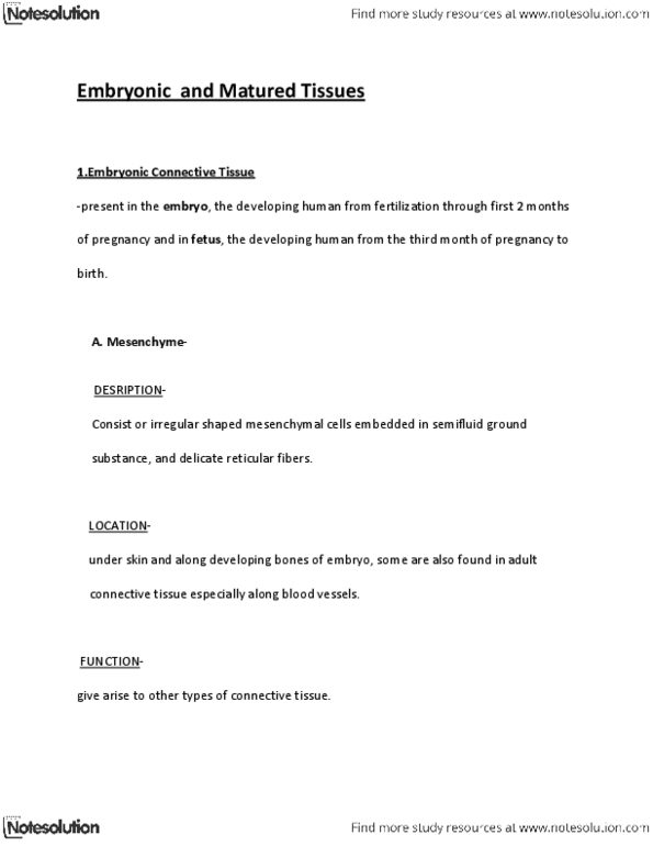 BIOL 1215 Lecture Notes - Loose Connective Tissue, Umbilical Cord, Reticular Cell thumbnail