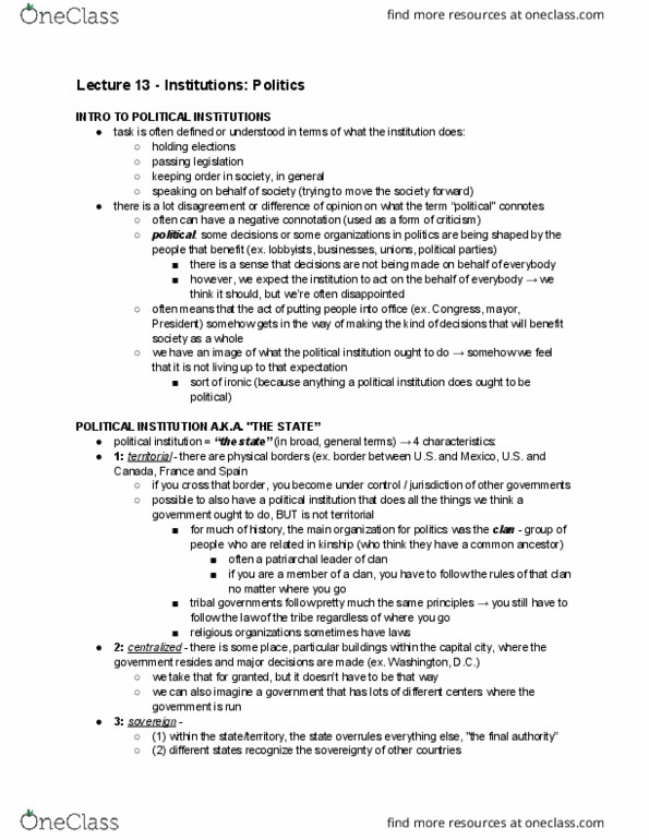 SOCIOL 10 Lecture 13: Lecture 13 - Institutions_ Politics thumbnail