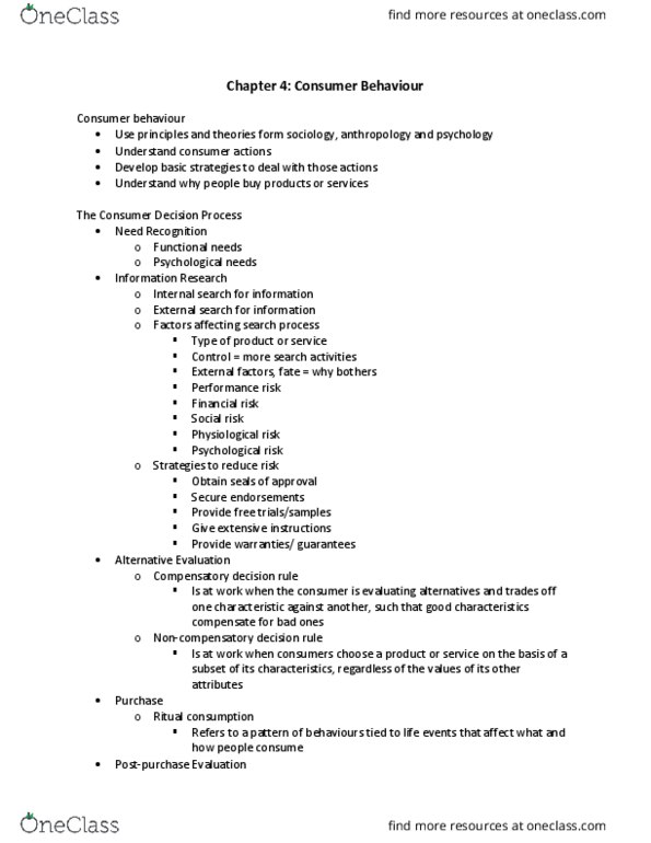 MKT 100 Lecture Notes - Lecture 4: Decision Rule, Financial Risk, Consumer Behaviour thumbnail