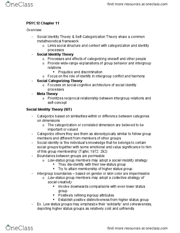 PSYC12H3 Chapter Notes - Chapter 11: Metatheory, Henri Tajfel, Ingroups And Outgroups thumbnail