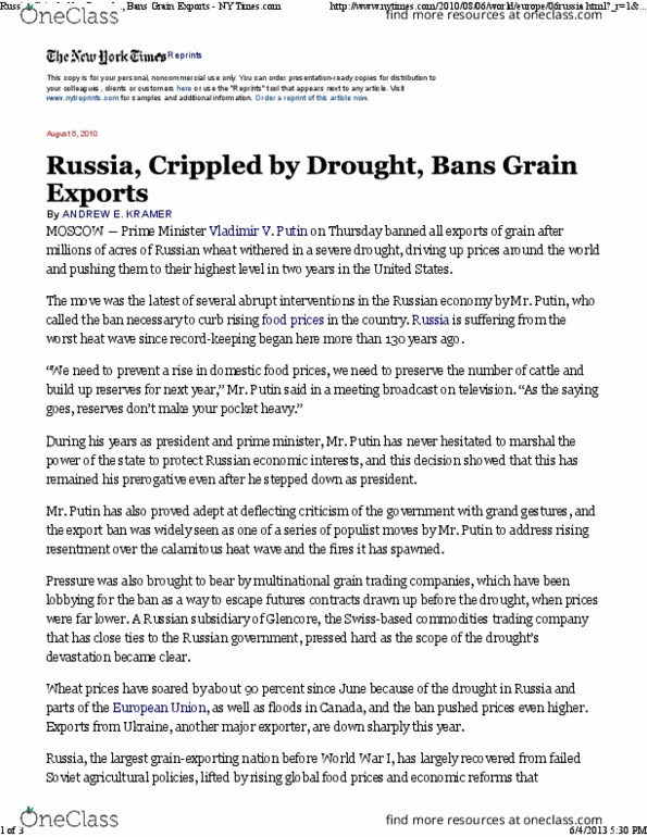 ENES 140 Lecture 2: Russia, Crippled by Drought, Bans Grain Exports NY Times thumbnail