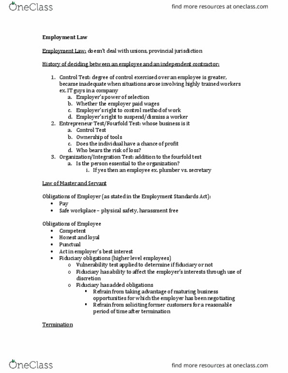 BUS 393 Lecture Notes - Lecture 3: Fiduciary, Independent Contractor, Wrongful Dismissal thumbnail