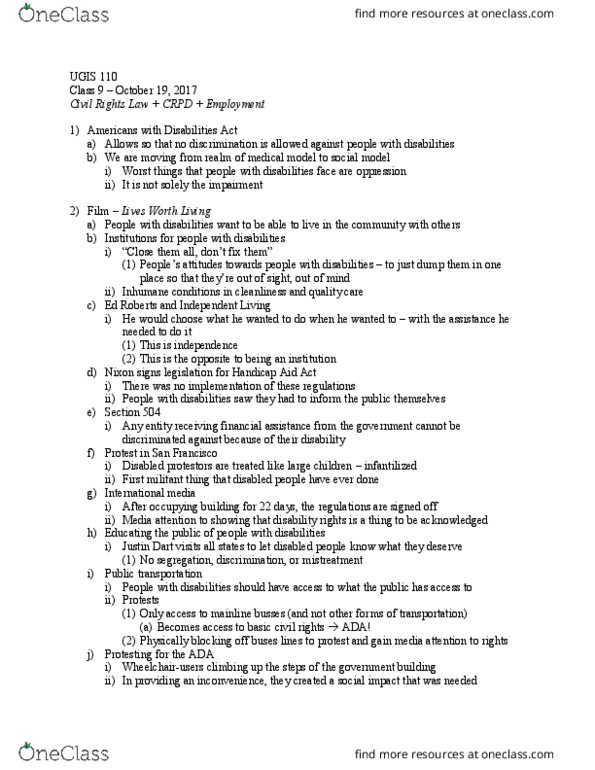 UGIS 110 Lecture Notes - Lecture 9: Rehabilitation Act Of 1973, Ableism, Internalized Oppression thumbnail