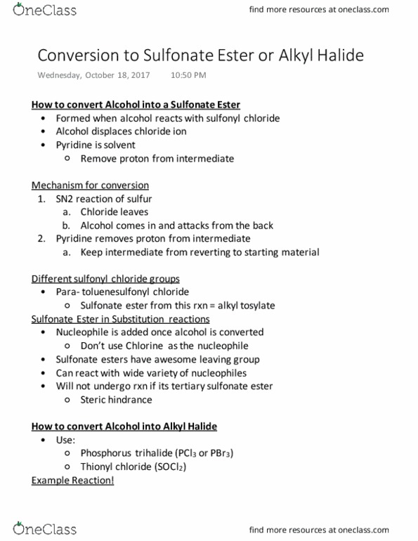 CH-2230 Chapter Notes - Chapter 10: Sulfonate, Sulfonyl Halide, Tosyl thumbnail