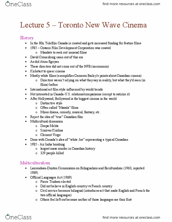 FILM 3209 Lecture Notes - Lecture 5: Deepa Mehta, Pierre Trudeau, Neil Bissoondath thumbnail