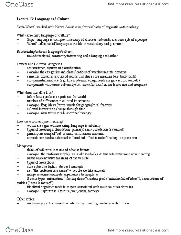 ANT102H5 Lecture Notes - Lecture 13: Ethnoscience, Metonymy, Componential Analysis thumbnail