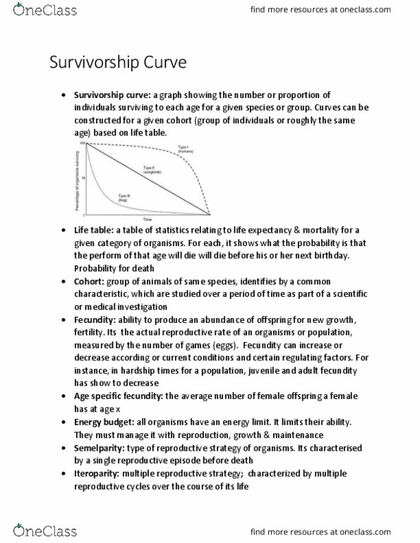 KINE 2011 Chapter Notes - Chapter 7.2: Survivorship Curve, Fecundity, Intraspecific Competition thumbnail