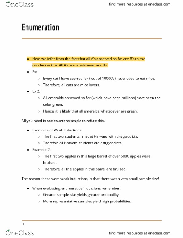 PHIL 320 Lecture Notes - Lecture 6: Enumerative Induction thumbnail